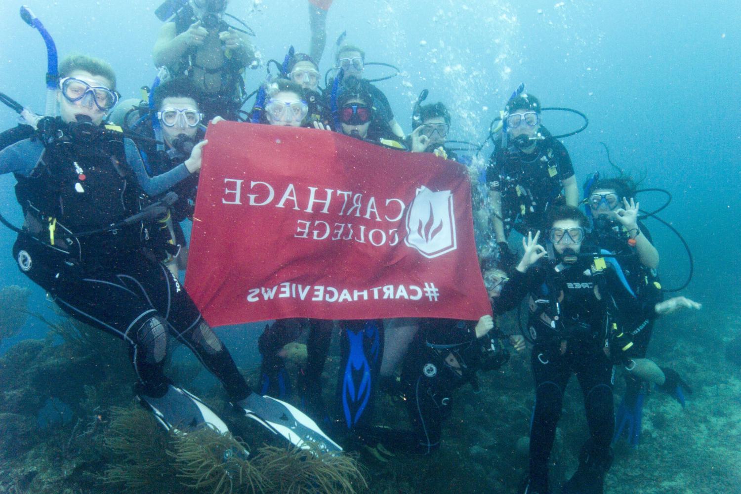 学生们手持<a href='http://rhc.lfkgw.com'>bv伟德ios下载</a>旗帜，在j学期洪都拉斯游学之旅中潜水.